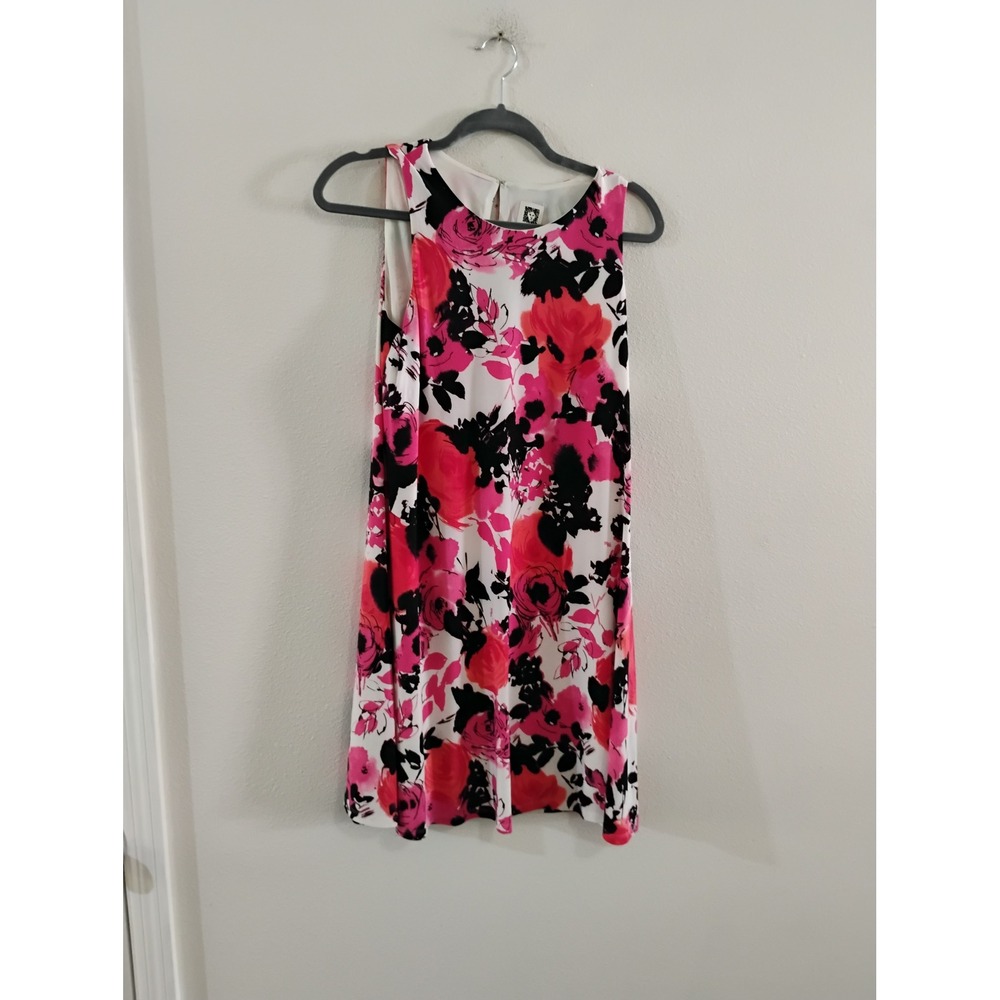 Anne Klein Pink Red Floral Sleeveless Shift Dress Size 6 Round Neck Keyhole Back
